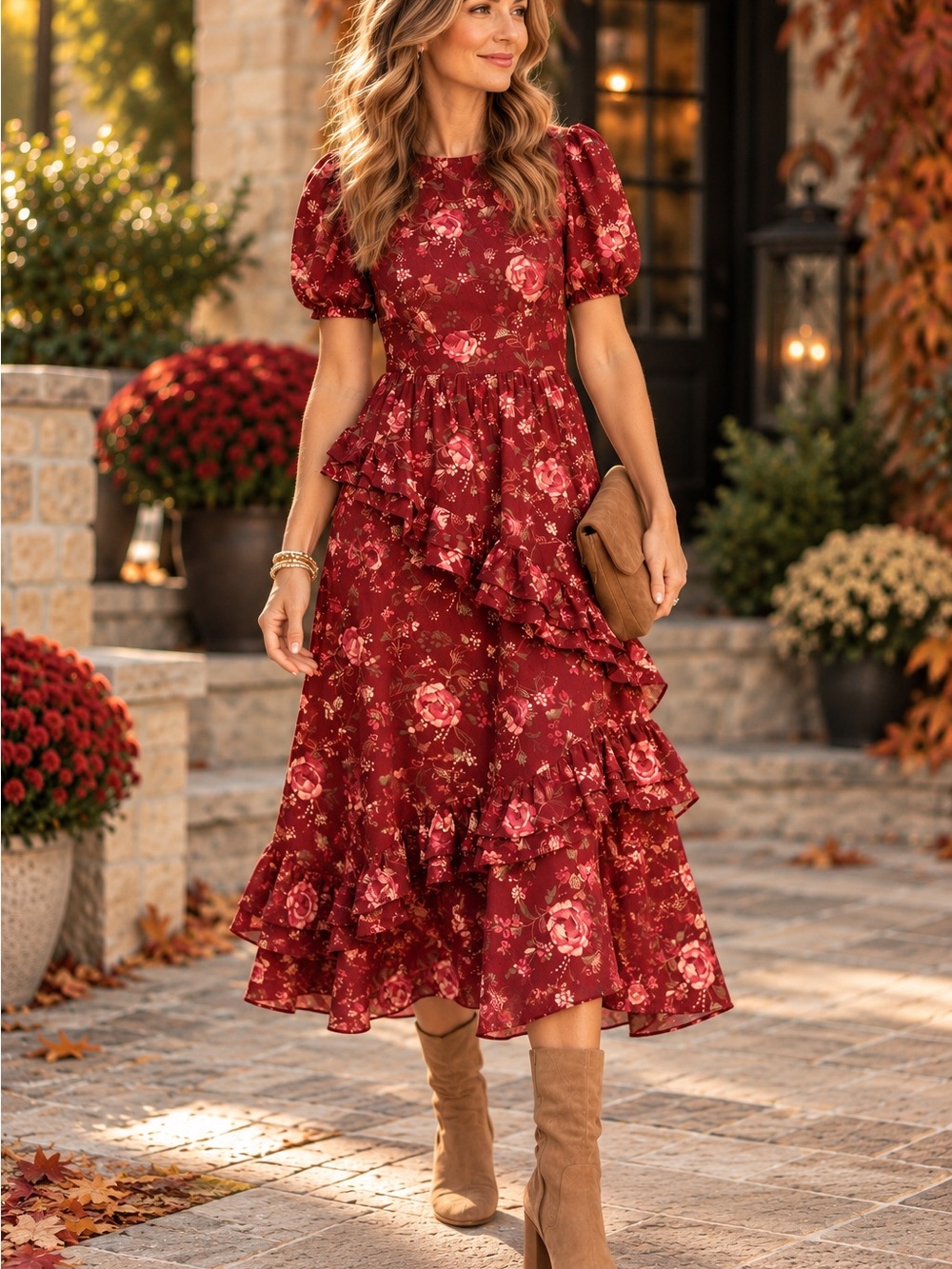 Anthropologie Moon River Ruffled Floral Midi Dress Burgundy